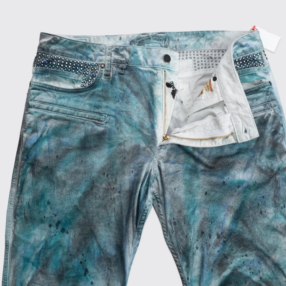 Motocicleta Robin's Jean Motard W36 verde tie dye salpicaduras tachonadas hecha en EE. UU. Foto 2 de 4