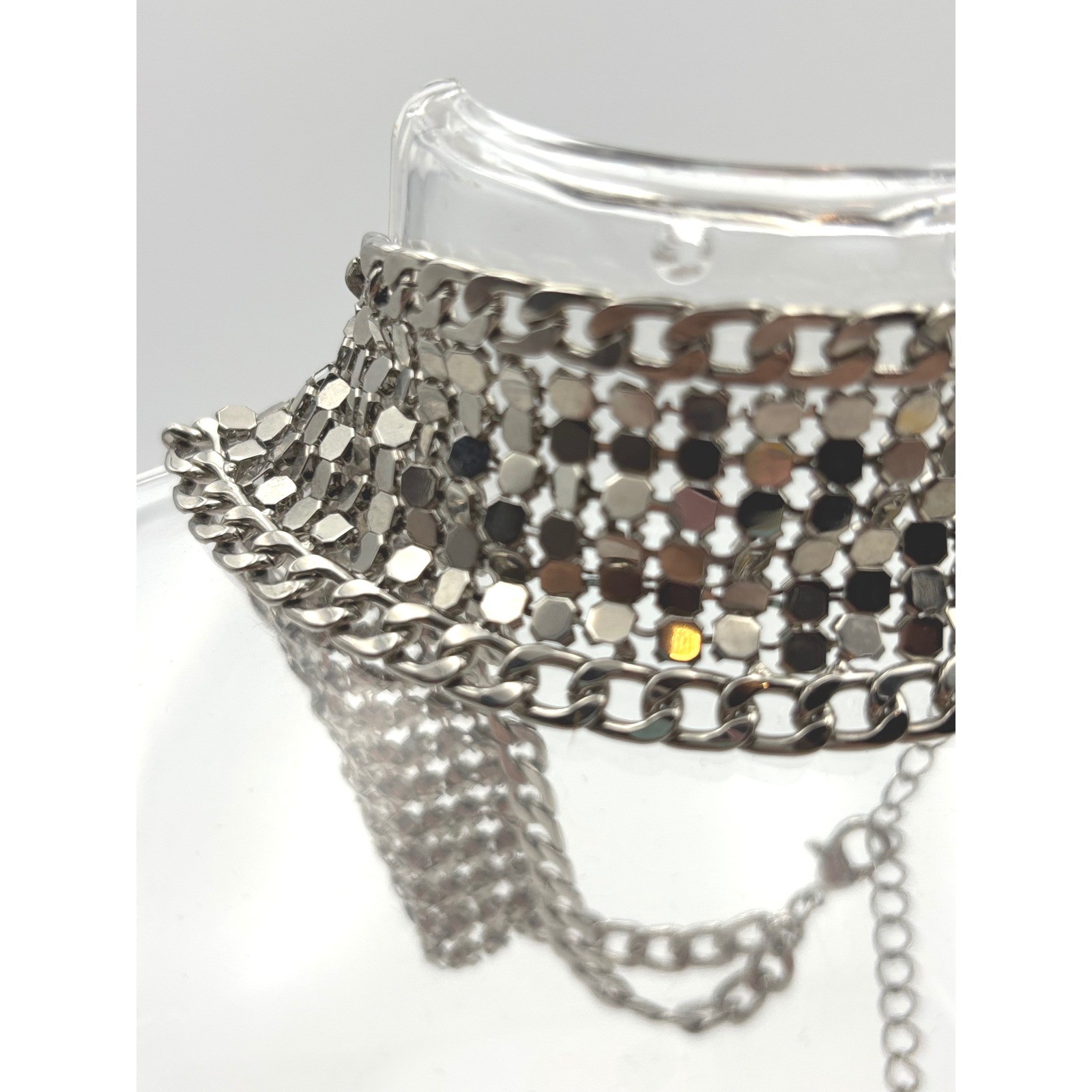 Statement Bib Necklace Silver Tone Mesh Chain Party Choker Costume