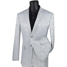 VINCI Men's Silver Textured Tonal Paisley 2-Button Slim Fit Suit - NEW