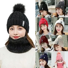 Women Winter Beanie Hat With Pom Pom Scarf Set Knit Thermal Warm Snow Ski Cap US