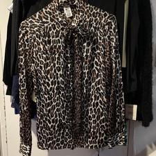 RUSS ILGWU Vintage Animal Leopard Print Bow Blouse USA Long Sleeves Sz S Nice!￼