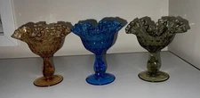 (3) Vintage Fenton Glass Thumbprint Ruffled Edge Pedestal Compote Candy/Nut Dish