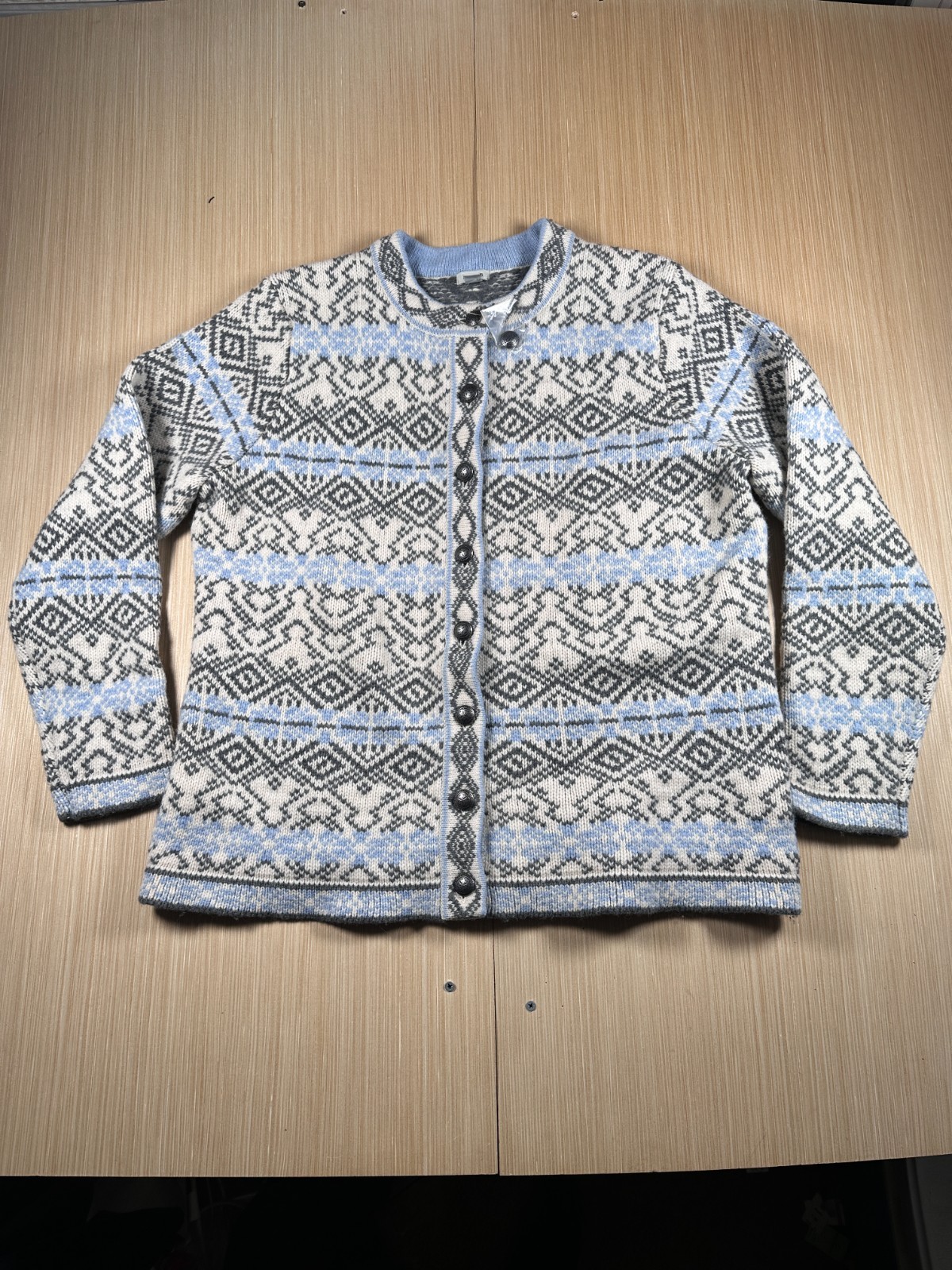 L.L. Bean Nordic Cardigan Sweater Women 1X Blue White Fair Isle 100% Lamb's Wool