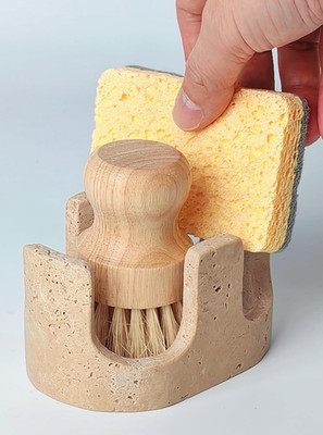 2 in 1 Travertine Sponge Holder, 2 Slot Natural Stone Sink Organizer with Raised