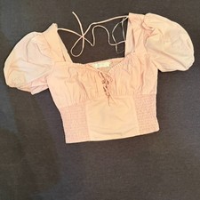 nwt ASTR The Label Blush Pink Puff Sleeve Smocked Corset Crop Top S
