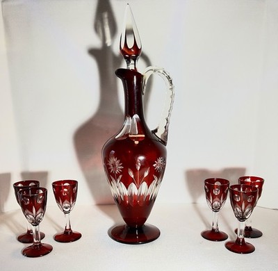 Bohemian Crystal Red Ruby Cut to Clear Handled Decanter with 6 Cordial Glasses