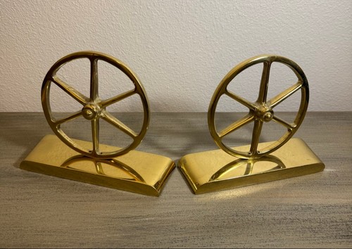 Heavy Solid Brass Wheel Bookends Pair 5lb Mid Century Modern Nautical Industrial - 第 1/12 張圖片