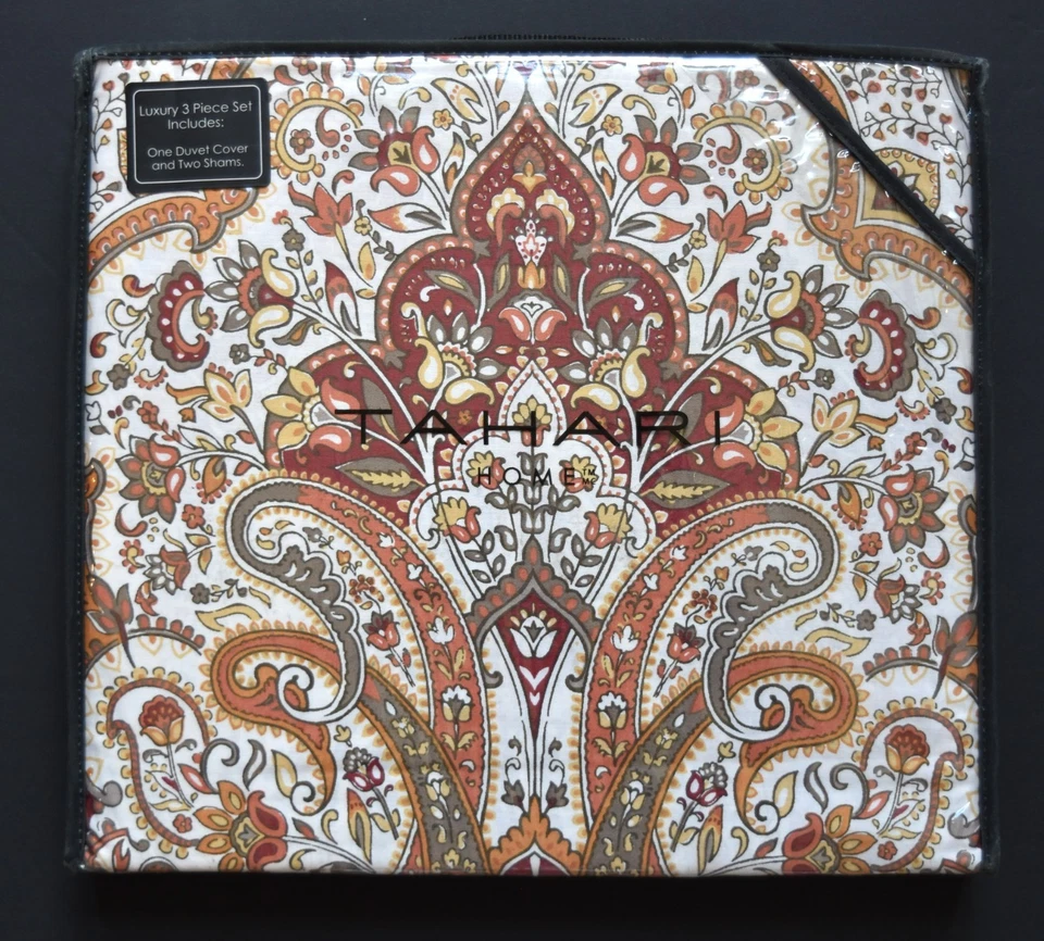Juego de funda nórdica Tahari Full Queen 100 % algodón rojo naranja diseño medallón damasco Foto 3 de 3