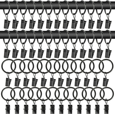 50Pcs Curtain Rings with Clips - Black Metal Drapery Rings with Clips 1.26 Inch