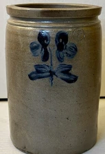 19th Century Double Clover Salt Glazed Stoneware Crock Peter Hermann Baltimore