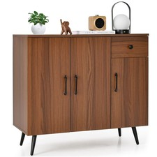 Sideboard Buffet Cabinet 3 Doors 1 Drawer Adjustable Shelves Metal Legs Walnut