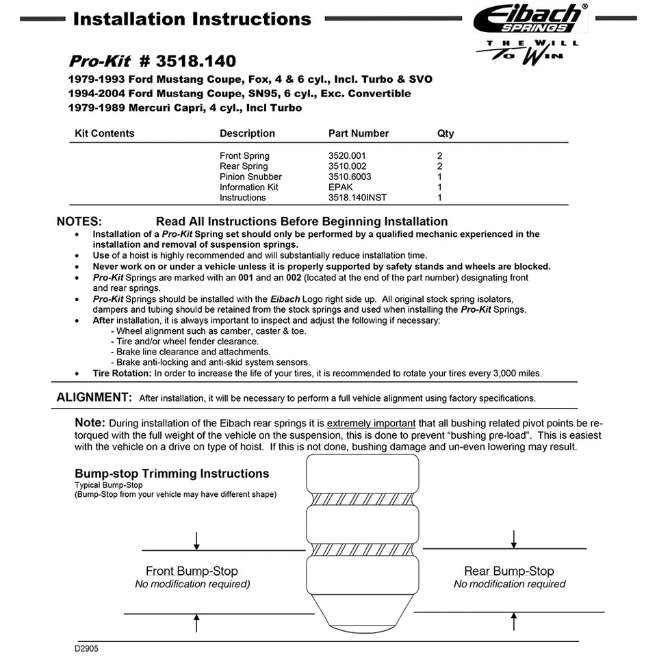 Kit de resortes rebajadores delanteros traseros Eibach 3518.140 PRO-KIT para 79-04 Mustang Coupé Foto 3 de 4