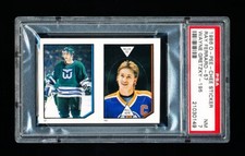 1986 OPC HOCKEY STICKER WAYNE GRETZKY 195 / RAY FERRARO 57 PSA 7 NEAR MINT