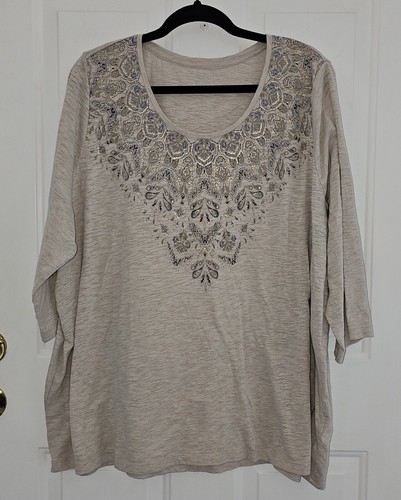 Catherines Women's Shirt Beige 3/4 Sleeve Sparkly Scoop Neck Plus Size 2X 22-24W - Picture 1 of 4