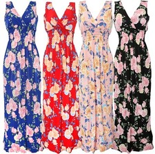 Women's Deep V-Neck Roses Smocked Waist Summer Sundress Long Dress