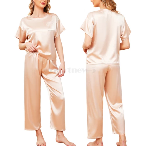 Silk Pajamas for Women Short Sleeve Satin Sleepwear Two Piece Pj Sets Loungewear - Picture 15 of 17