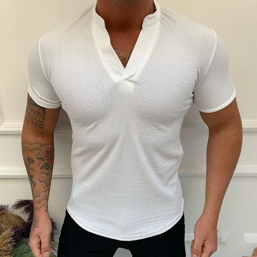 Neu Herren Einfarbig V-Ausschnitt Athleisure Muskel Kurzarm Slim Fit T-Shirts - Bild 11 von 19