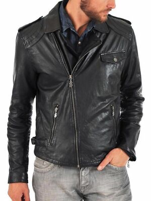 Men's Genuine Lambskin Leather Biker Motorcycle Racer Jacket Black Casual Coat