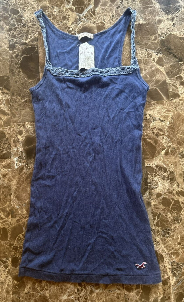 Y2K 2000s Hollister Navy Blue Lace Trim Cami Camisole Tank M