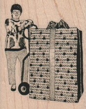 Woman With Large Gift 2 1/2 x 3" Rubber Stamp, Person Stamp, Lady Stamp