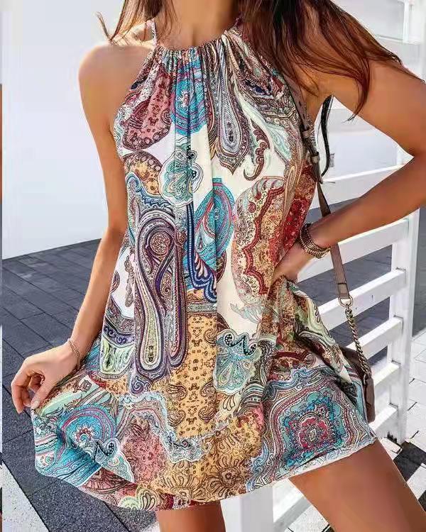 Back Short Skirt Printed Sleeveless Dress Women casual top