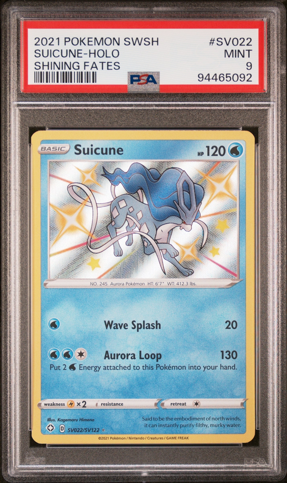 PSA 9 Suicune Shiny Holo SV022 2021 Pokemon Shining Fates 94465092