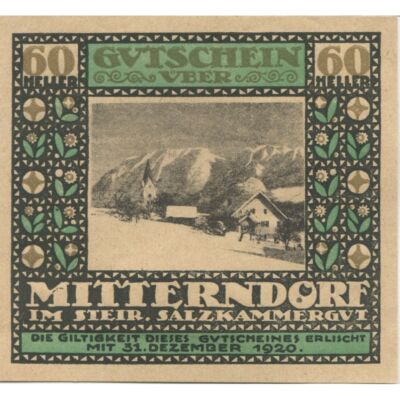 [#285905] Geldschein, Österreich, Mitterndorf, 60 Heller 1920-12-31, UNZ- Mehl:F