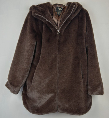 House Of Harlow 1960 Coat Womens Large Brown Faux Fur Hooded Quiet Luxury