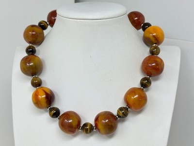 Vintage Red Orange Marbled 22mm Plastic Bead Tiger's Eye 18'' Necklace