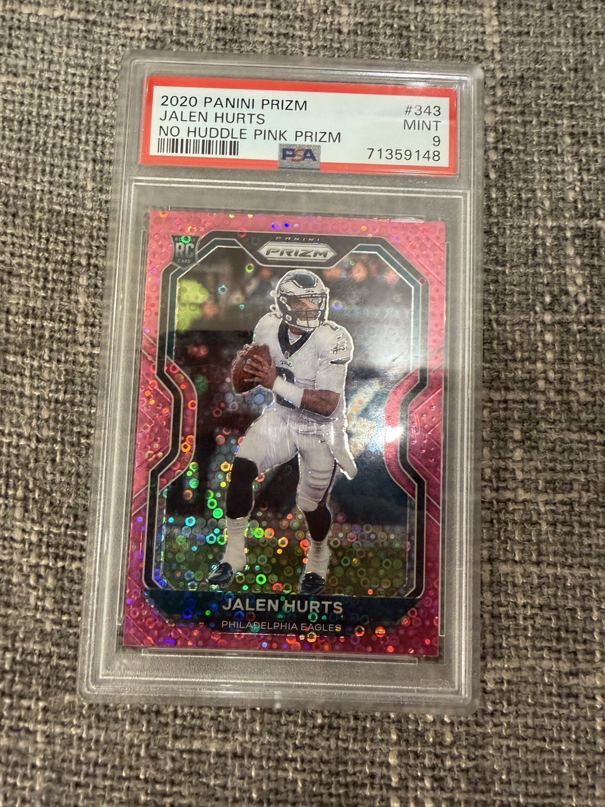 2020 Panini Prizm Rookie Jalen Hurts #343 No Huddle Pink Prizm /15 (RC) PSA 9