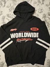 Men’s Black Waffle Knit Pullover Hooded Worldwide Graphic Logo Hoodie Size L