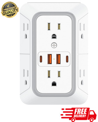Multi Plug Wall Outlet Extender 6 AC 4 USB 2 Type-C Surge Protector White Ho