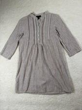 Tahari Dress Womens Medium Beige Stripe Linen Shirt Henley Casual 3/4 Sleeve