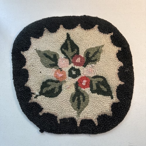 Vintage Hand Hooked Floral Round Chair Pad ~ Floor Mat ~14” x 14”