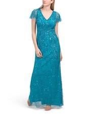 NEW Adrianna Papell Sequin & Beaded Short Sleeve Evening Gown Maxi Dress Size 2