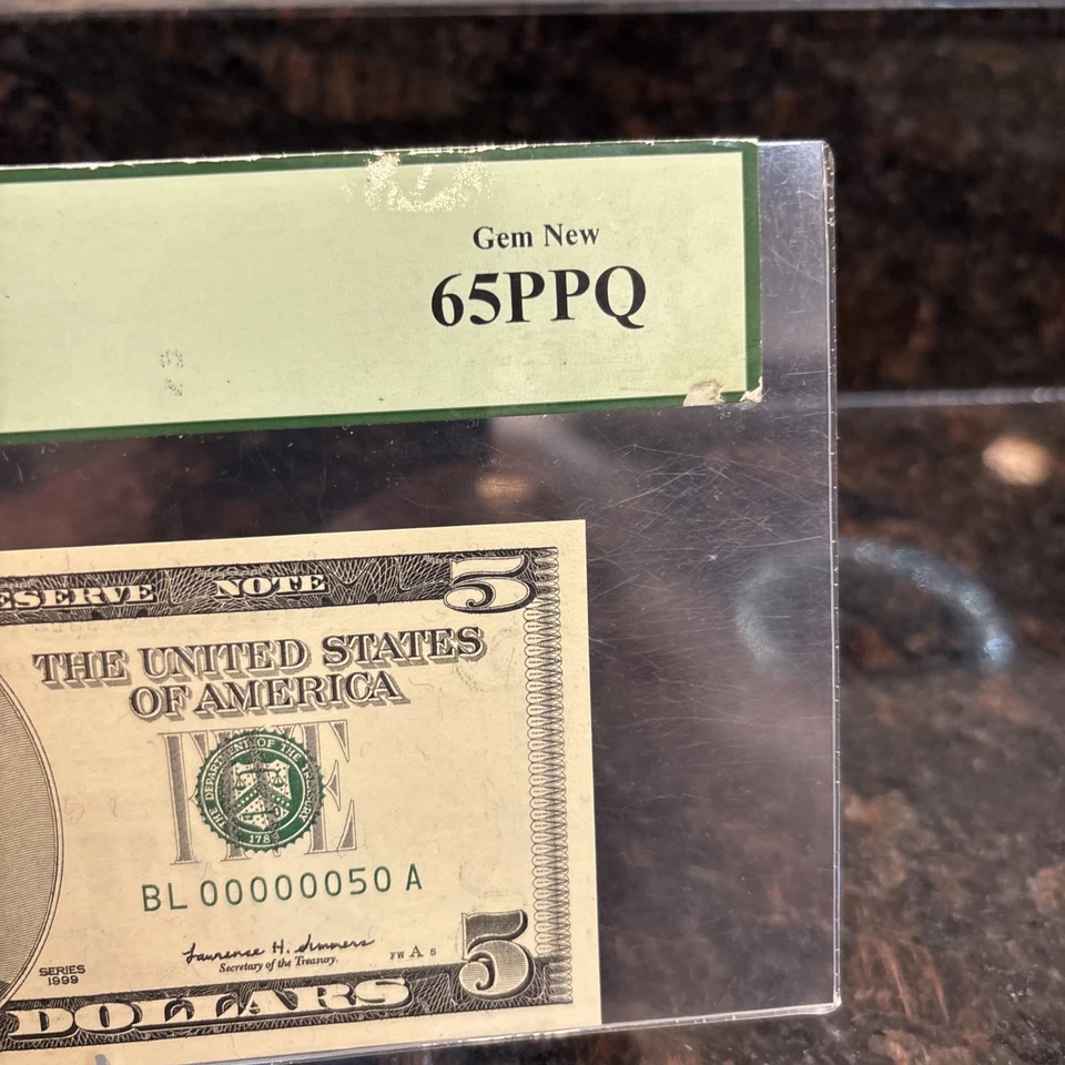 FR#1987-L Series1999$5.00 FW FRN..Serial Number BL00000050A.PCGS 65 pPQ,No Reser - Image 4 of 4