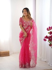 Bollywood Look Organza Silk Pink Saree With Blouse For Reception Wear