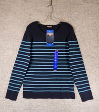 Kirkland Signature Ladies’ Crewneck Sweater Womens Large Navy Blue Stripes NEW