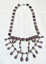 Vintage Czech Amethyst Glass Festoon Bib Necklace Silver Tone - 15