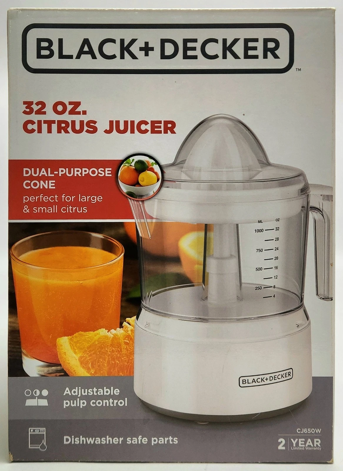 BLACK+DECKER 32oz Citrus Juicer Dual-Purpose Cone, Adjustable Pulp Control CJ650