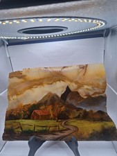 Hand Painted Stone Slab  Country Log Cabin In Mountain Setting 14-1/2" × 9-1/2"