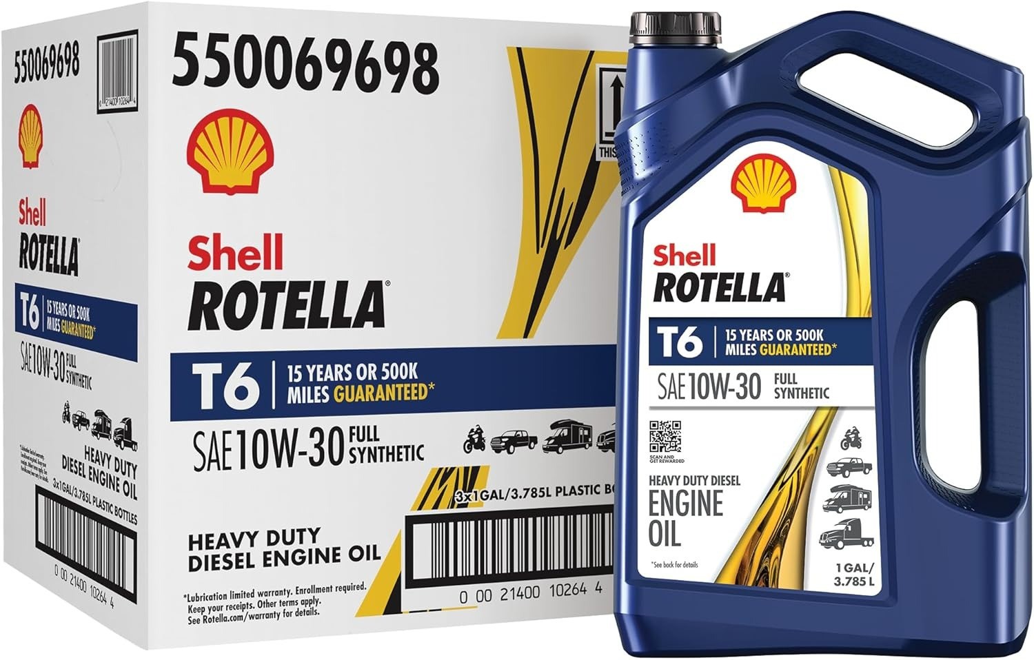 3 Pack, Shell Rotella T6 Full Synthetic 10W-30 Diesel Engine