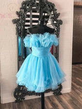 Strapless Prom Dresses Crepe Organza Short Pleated Blue Ruffles Tiered Short