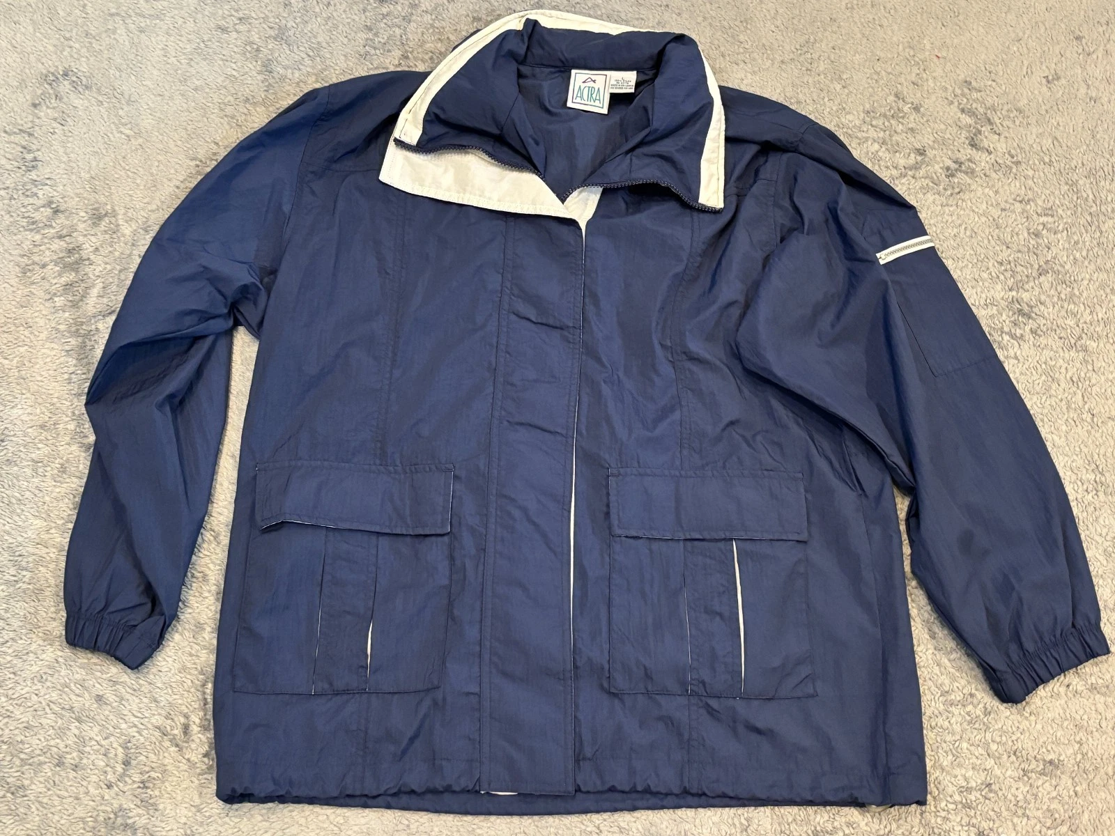 Vintage Actra Jacket Windbreaker Mens Large Blue Full Zip Packable Hood Nylon