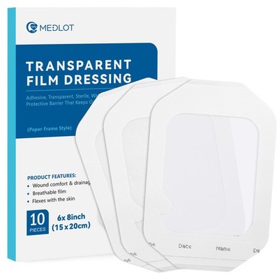 Transparent Film Dressing, 6 x8 , 10 Patches, Waterproof Clear Bandage for Po...