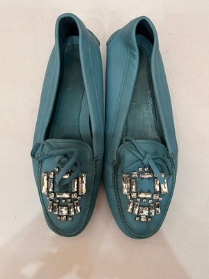 PRADA Teal Saffiano Leather Crystal Embellished Driving Loafers EU 38.5 US 8.5