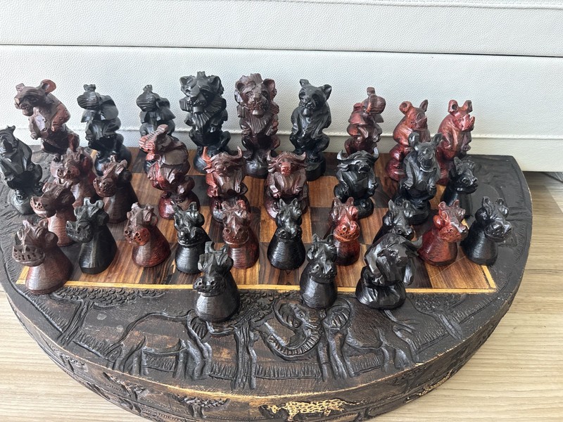 African Wood Carved Chess Board Hand Made