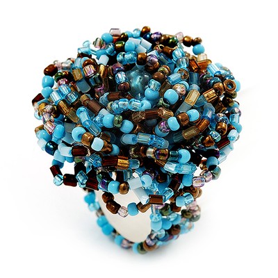 Großer Blumen Stretch Ring mit hellblauen/braunen Glasperlen
