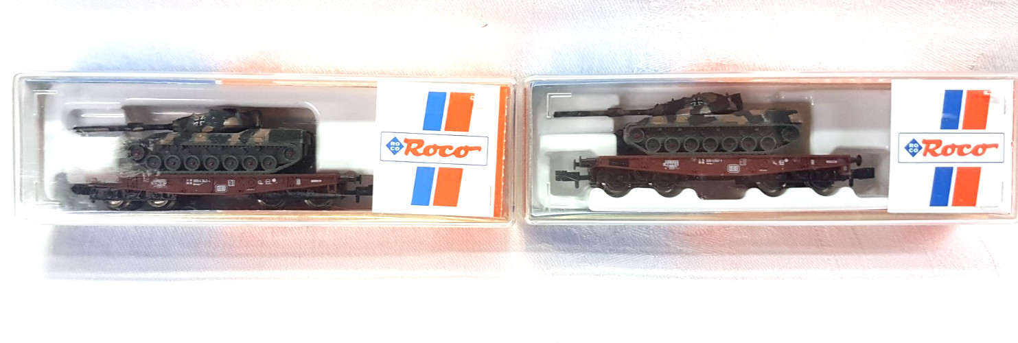 2xRoco N Schwerlastwagen DB mit Panzer Leopard Tarnfarben Eisernes Kreuz OVP
