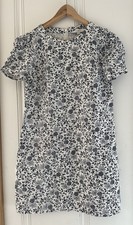 LOFT Linen Blend Black White Floral Puff Sleeve Shift Mini Dress Women’s 4